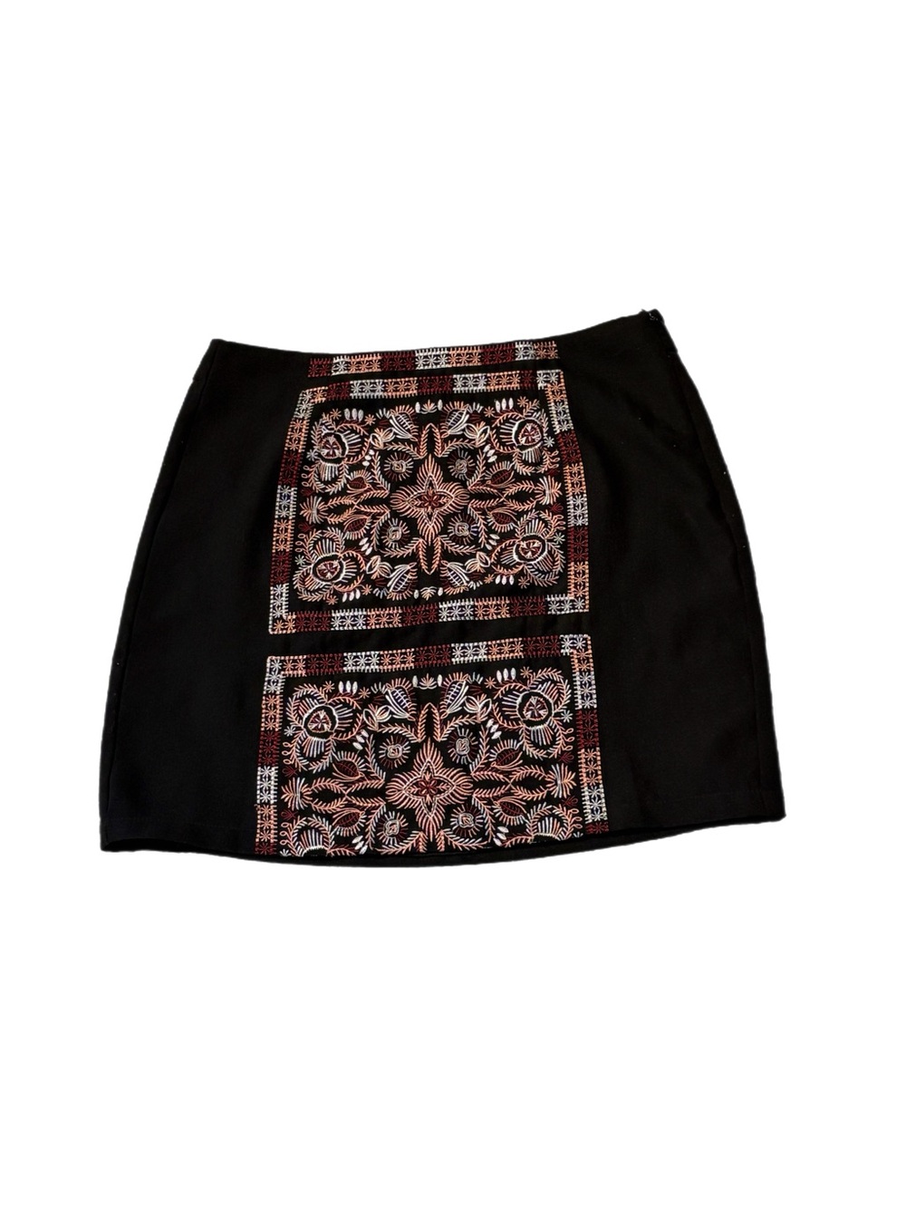 Alya Francesca's Black Embroidered Mini Skirt Boho Floral Pink Red Geometric